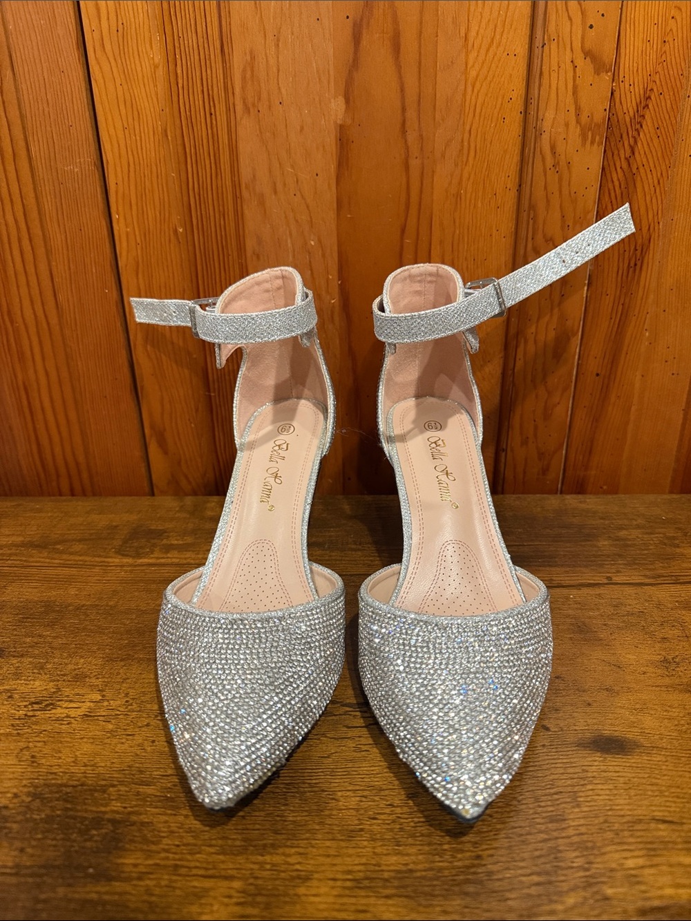 Glittering Silver Pointed-Toe Ankle Strap Heels